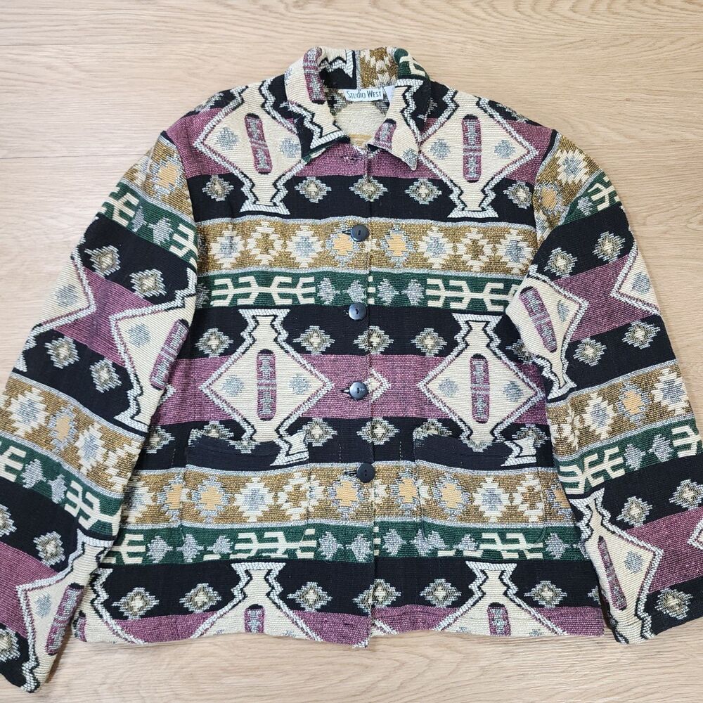 Studio West Women XL Jacket Sweater Button Front Aztec Southwestern Coat Shacket